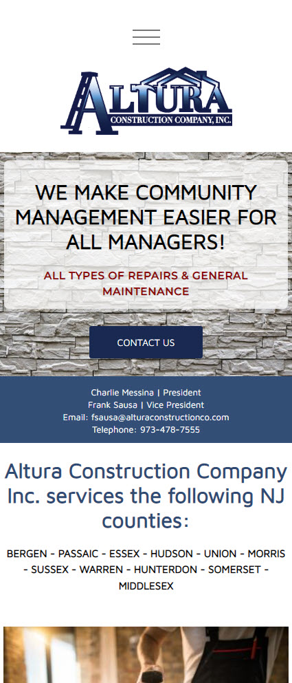 A website homepage for a construction company called Altura Construction Company Inc.