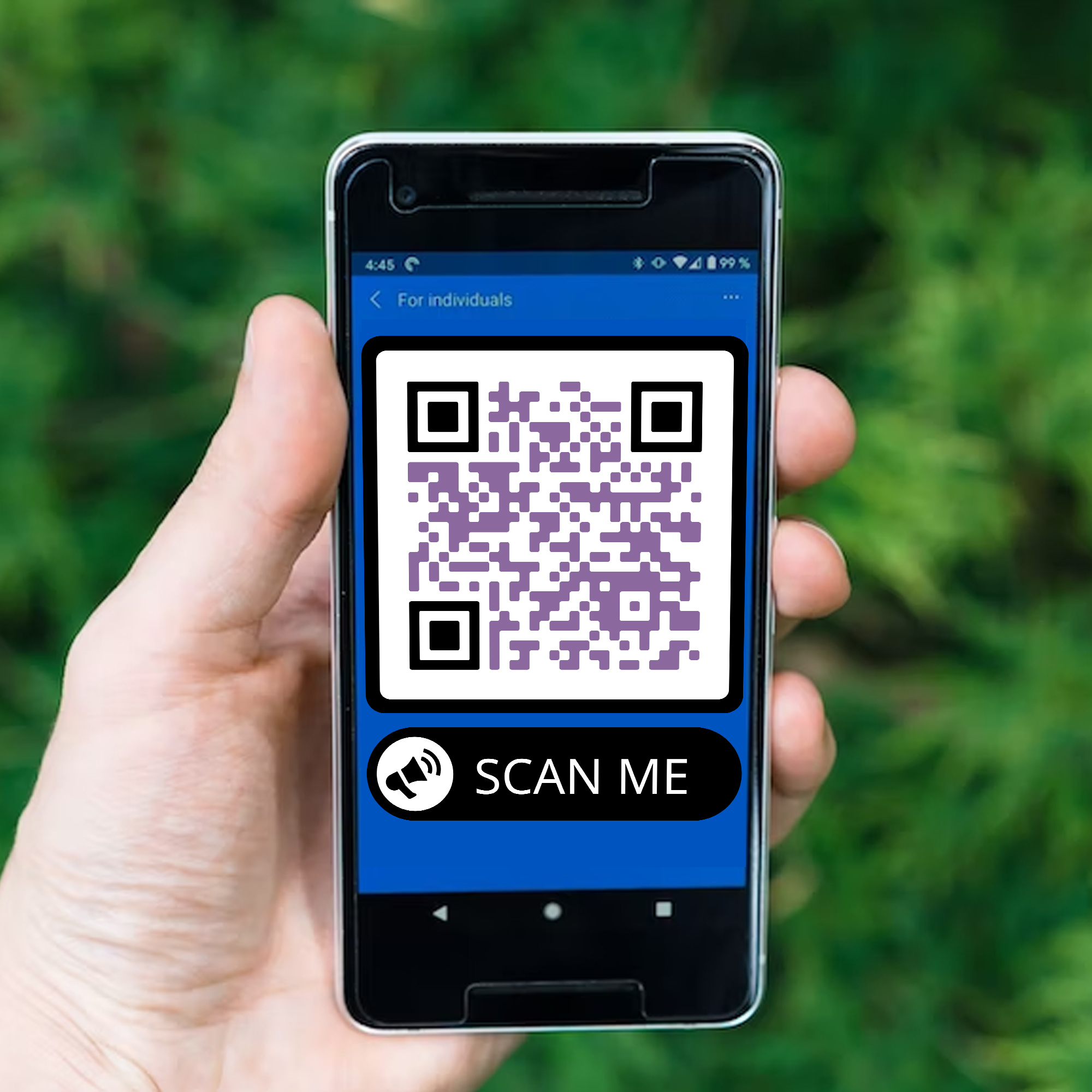 A mobile phone displaying a black and purple QR code with a call-to-action SCAN ME to direct users to a business website.