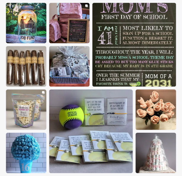 A collage of products by Bella Faith Designs like custom mason jar coin banks, personalized cigar labels, favor treat bags and more.